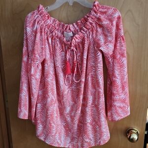 Michael Kors Coral Patterned On Off-Shoulder Blouse w/ Tassel Tie Trumpet Sleeve